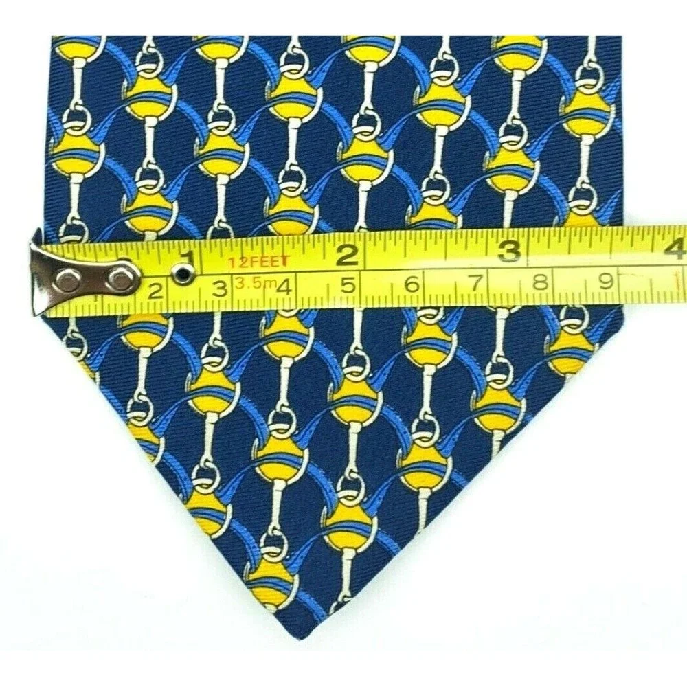 BROOKS BROTHERS MAKERS All Silk Equestrian Motif Blue Yellow Necktie Made in USA